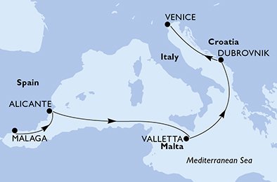 crociera msc UFLZ itinerario della crociera in
spagna, malta, croazia, italia su MSC OPERA