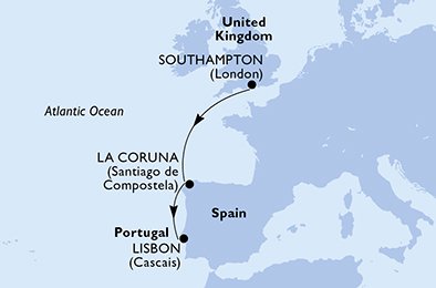 crociera msc UFN8 itinerario della crociera in
regno unito, spagna, portogallo su MSC BELLISSIMA