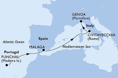 immagine dell´itinerario della crociera in portogallo, spagna, italia a bordo di 
											MSC POESIA con partenza da Funchal il 10/11/20