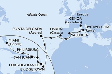crociera msc UFS9 itinerario della crociera in
italia, spagna, portogallo, barbados, martinica, antille olandesi, porto rico, usa su MSC DIVINA