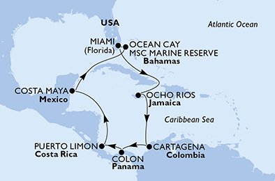 immagine itinerario della crociera in usa, giamaica, colombia, panama, costa rica, messico, bahamas a bordo di caraibi e antille