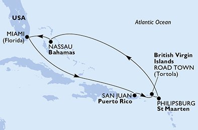 crociera msc UFSC itinerario della crociera in
usa, porto rico, isole vergini (britanniche), antille olandesi, bahamas su MSC DIVINA