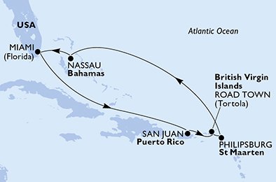 itinerario della crociera in 
							usa, porto rico, isole vergini (britanniche), antille olandesi, bahamas su MSC DIVINA