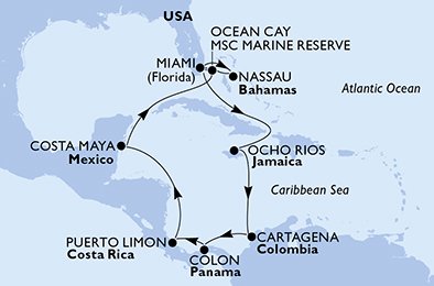 itinerario della crociera in 
							usa, giamaica, colombia, panama, costa rica, messico, bahamas su MSC DIVINA