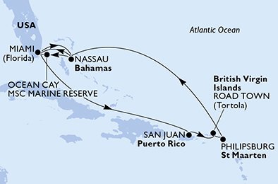 crociera msc UFSY itinerario della crociera in
usa, bahamas, porto rico, isole vergini (britanniche), antille olandesi su MSC DIVINA