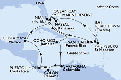 immagine dell´itinerario della crociera in usa, porto rico, isole vergini (britanniche), antille olandesi, bahamas, giamaica, colombia, panama, costa rica, messico a bordo di 
											MSC DIVINA con partenza da Miami il 26/03/21