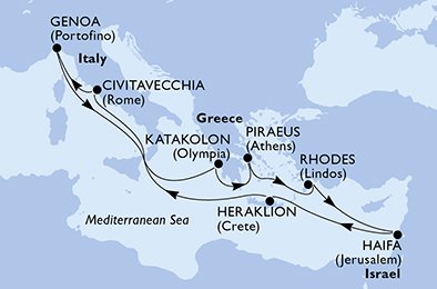 immagine dell´itinerario della crociera in Italia, Grecia, Israele a bordo di 
							MSC MAGNIFICA