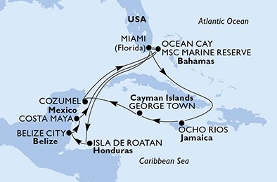 immagine itinerario della crociera in usa, honduras, belize, messico, bahamas, giamaica, isole cayman a bordo di Caraibi e Antille