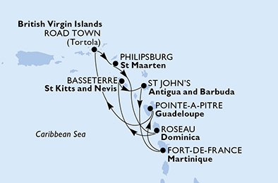 immagine dell´itinerario della crociera in martinica, guadalupe, isole vergini (britanniche), antille olandesi, dominica, saint kitts - nevis, antigua-barbuda a bordo di 
											MSC SPLENDIDA con partenza da Fort de France il 13/02/21