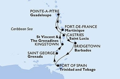 immagine itinerario della crociera in guadalupe, saint lucia, barbados, trinidad e tobago, grenada, saint vincent & the grenadines, martinica a bordo di Caraibi e Antille