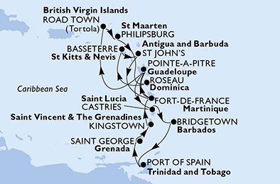 crociera msc UFWI itinerario della crociera in
martinica, guadalupe, isole vergini (britanniche), antille olandesi, dominica, saint kitts - nevis, antigua-barbuda, saint lucia, barbados, trinidad e tobago, grenada, saint vincent & the grenadines su MSC SPLENDIDA