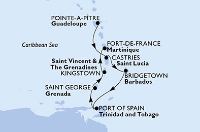 itinerario della crociera in 
							guadalupe, saint lucia, barbados, trinidad e tobago, grenada, saint vincent & the grenadines, martinica su MSC SPLENDIDA