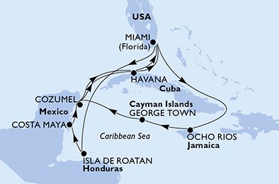 crociera msc UFZC itinerario della crociera in
usa, giamaica, isole cayman, messico, cuba, honduras su MSC ARMONIA