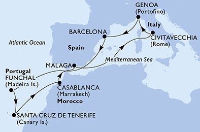 immagine dell´itinerario della crociera in Italia, Spagna, Portogallo, Marocco a bordo di 
							MSC MAGNIFICA