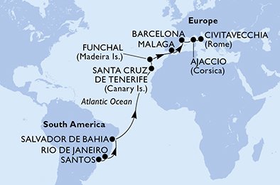 crociera msc UG51 itinerario della crociera in
brasile, spagna, portogallo, francia, italia su MSC SINFONIA