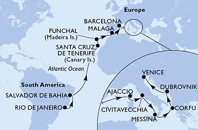 crociera msc UG53 itinerario della crociera in
brasile, spagna, portogallo, francia, italia, grecia, croazia su MSC SINFONIA
