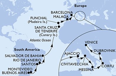 crociera msc UG5A itinerario della crociera in
uruguay, argentina, brasile, spagna, portogallo, francia, italia, grecia, croazia su MSC SINFONIA