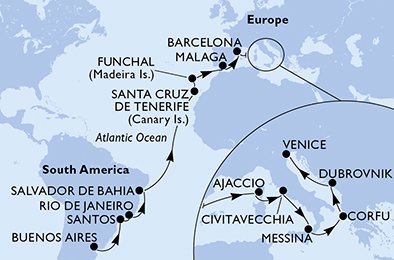 crociera msc UG5D itinerario della crociera in
argentina, brasile, spagna, portogallo, francia, italia, grecia, croazia su MSC SINFONIA