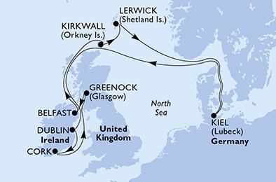 immagine dell´itinerario della crociera in germania, irlanda, regno unito a bordo di 
											MSC SPLENDIDA con partenza da Kiel il 16/08/20