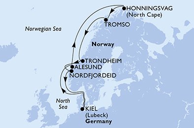 itinerario della crociera in 
							germania, norvegia su MSC SPLENDIDA