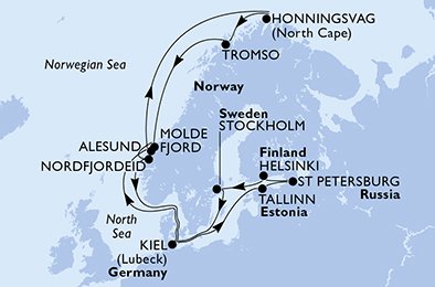 crociera msc UG6H itinerario della crociera in
germania, norvegia, estonia, russia, finlandia, svezia su MSC SPLENDIDA