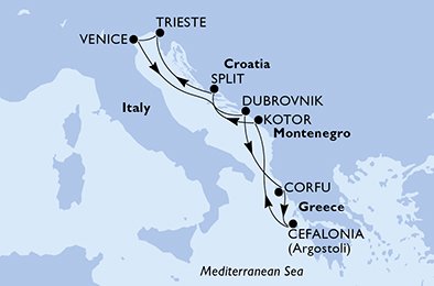 immagine dell´itinerario della crociera in italia, croazia, grecia, montenegro a bordo di 
											MSC LIRICA con partenza da Venezia il 23/10/20