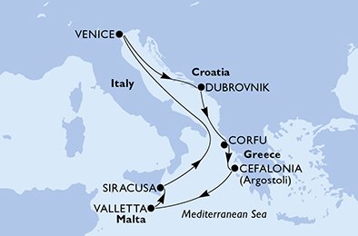 immagine dell´itinerario della crociera in italia, croazia, grecia, malta a bordo di 
											MSC LIRICA con partenza da Venezia il 31/08/20