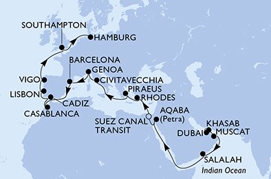 crociera msc UGCP itinerario della crociera in
emirati arabi uniti, oman, giordania, egitto, grecia, italia, spagna, marocco, portogallo, regno unito, germania su MSC SPLENDIDA