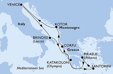 immagine dell´itinerario della crociera in grecia, montenegro, italia a bordo di 
											MSC MUSICA con partenza da Pireo-Atene il 08/10/20