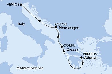 immagine dell´itinerario della crociera in grecia, montenegro, italia a bordo di 
											MSC MUSICA con partenza da Pireo-Atene il 22/10/20