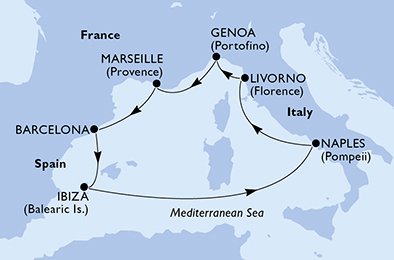 immagine dell´itinerario della crociera in italia, francia, spagna a bordo di 
											MSC DIVINA con partenza da Genova il 08/08/20