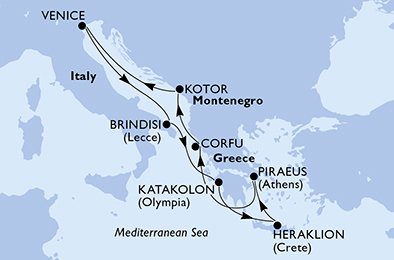 crociera msc UGHW itinerario della crociera in
venice,brindisi,katakolon,heraklion,piraeus,corfu,kotor,venice su MSC MUSICA