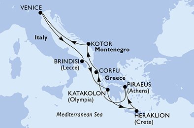 itinerario della crociera in 
							italia, grecia, montenegro su MSC MUSICA