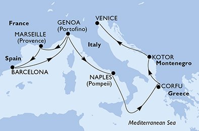 crociera msc UGHZ itinerario della crociera in
italia, francia, spagna, grecia, montenegro su MSC POESIA
