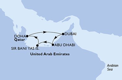 crociera msc UGIG itinerario della crociera in
dubai,abu dhabi,sir bani yas is,bahrain,doha,dubai,dubai su MSC BELLISSIMA