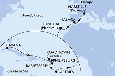 crociera msc UGIH itinerario della crociera in
havana,havana,road town,basseterre,philipsburg,castries,funchal,malaga,marseille su MSC OPERA