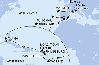 crociera msc UGIK itinerario della crociera in
havana,havana,road town,basseterre,philipsburg,castries,funchal,malaga,marseille,genoa su MSC OPERA