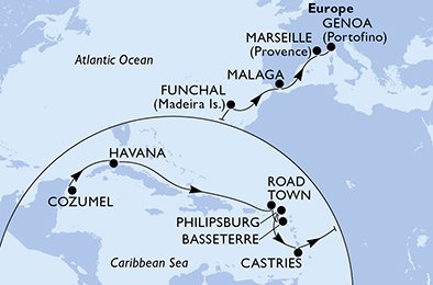 crociera msc UGIL itinerario della crociera in
cozumel,havana,havana,road town,basseterre,philipsburg,castries,funchal,malaga,marseille,genoa su MSC OPERA