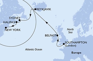 itinerario della crociera in 
							regno unito, islanda, canada, usa su MSC MERAVIGLIA