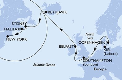 itinerario della crociera in 
							germania, danimarca, regno unito, islanda, canada, usa su MSC MERAVIGLIA