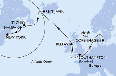 itinerario della crociera in 
							danimarca, regno unito, islanda, canada, usa su MSC MERAVIGLIA