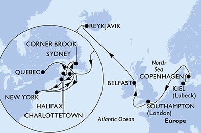 itinerario della crociera in 
							germania, danimarca, regno unito, islanda, canada, usa su MSC MERAVIGLIA