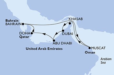 crociera msc UGJ3 itinerario della crociera in
emirati arabi uniti, qatar, bahrain, oman su MSC LIRICA