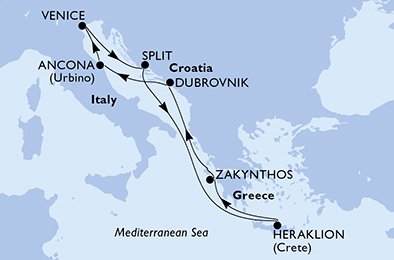 immagine dell´itinerario della crociera in Italia, Croazia, Grecia a bordo di 
							MSC SINFONIA