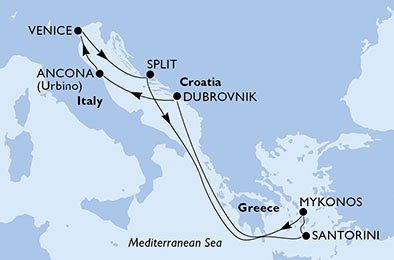 immagine dell´itinerario della crociera in italia, croazia, grecia a bordo di 
											MSC SINFONIA con partenza da Ancona il 04/09/20