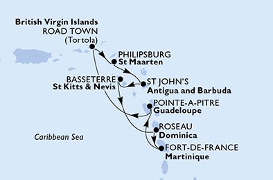 itinerario della crociera in 
							martinica, guadalupe, isole vergini (britanniche), antille olandesi, antigua-barbuda, saint kitts - nevis, dominica su MSC SPLENDIDA