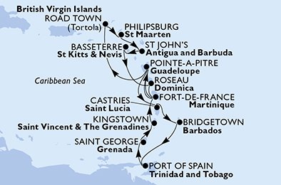 itinerario della crociera in 
							martinica, guadalupe, isole vergini (britanniche), antille olandesi, antigua-barbuda, saint kitts - nevis, dominica, saint lucia, barbados, trinidad e tobago, grenada, saint vincent & the grenadines su MSC SPLENDIDA