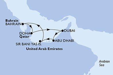 immagine dell´itinerario della crociera in qatar, emirati arabi uniti, bahrain a bordo di 
											MSC SEAVIEW con partenza da Doha il 24/12/20