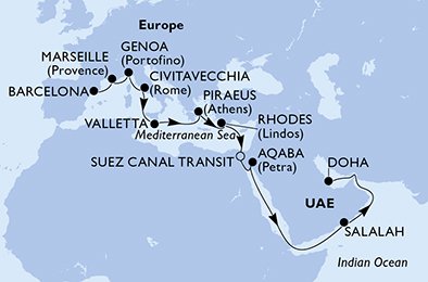 itinerario della crociera in 
							spagna, francia, italia, malta, grecia, egitto, giordania, oman, qatar su MSC SEAVIEW