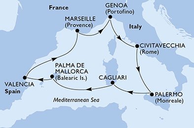 immagine dell´itinerario della crociera in spagna, francia, italia a bordo di 
											MSC FANTASIA con partenza da Palma di Maiorca il 19/08/20